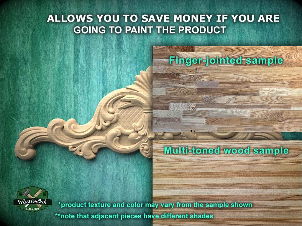 The image is a promotional advertisement for a product, specifically a multi-toned wood sample. It features a close-up of a wooden panel with a carved design, and a separate sample of the same wood with a finger-jointed design. The text on the image provides information about the product, including that it allows for savings if the product is painted, and that the sample shows the product texture and color may vary from the sample shown.