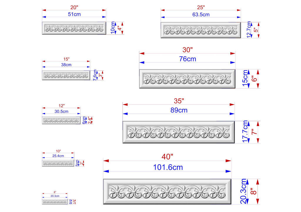 a series of seven different sizes of decorative moldings, each with its own unique design. The moldings are shown in various dimensions, ranging from 5.1 cm to 17.7 cm. The image provides a clear visual representation of the different sizes and allows for easy comparison between the various moldings.