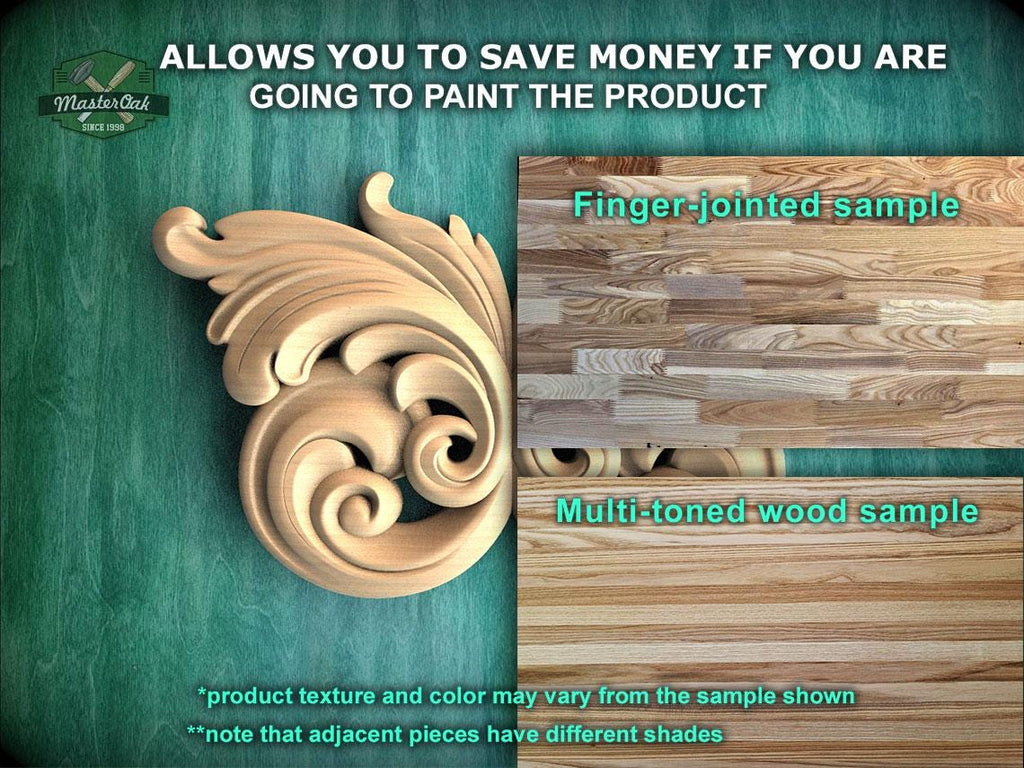 The image is a promotional advertisement for Master Oak, a company that specializes in painting products. It features a close-up of a wooden carving and a sample of multi-toned wood, along with text providing information about the products.