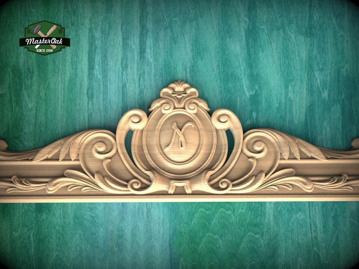 Personalized Horizontal wood applique with floral motif and monogram, 1 pc, Unpainted, carved decoration of wood, wooden onlay, Wall Decor
