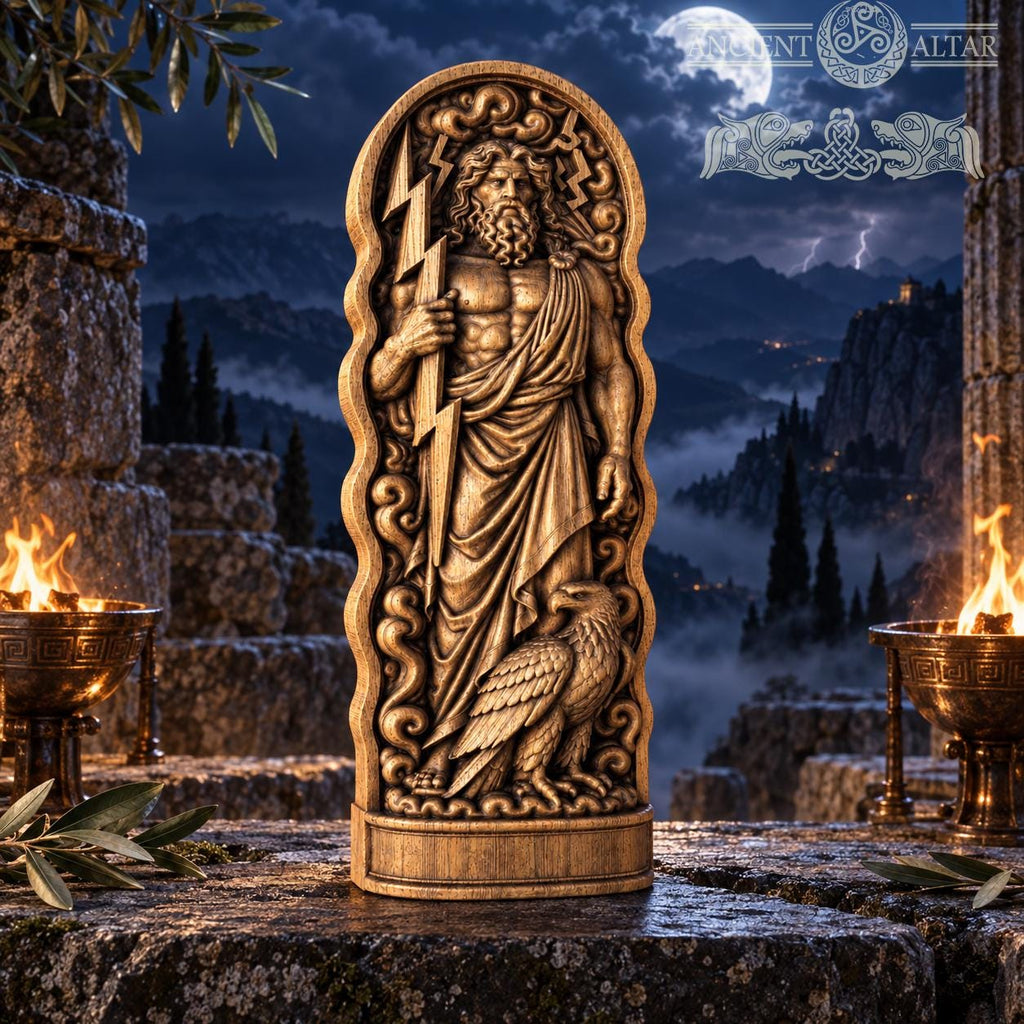 Zeus Wooden Statue, Greek God Figurine, Zeus with Eagle and Lightning Bolt, Ancient Greek Mythology Decor, Pagan Altar Sculpture