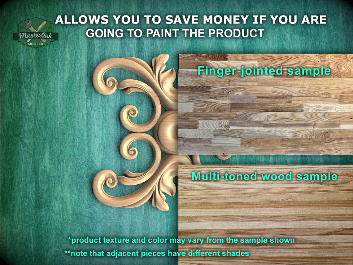 The image is a promotional advertisement for Master Oak Paint, showcasing a variety of wood samples available for painting. The samples include a finger-joined sample and a multi-toned wood sample, both of which are displayed against a teal background. The text in the image provides information about the samples, such as the product texture and color, and notes that adjacent pieces have different shades.