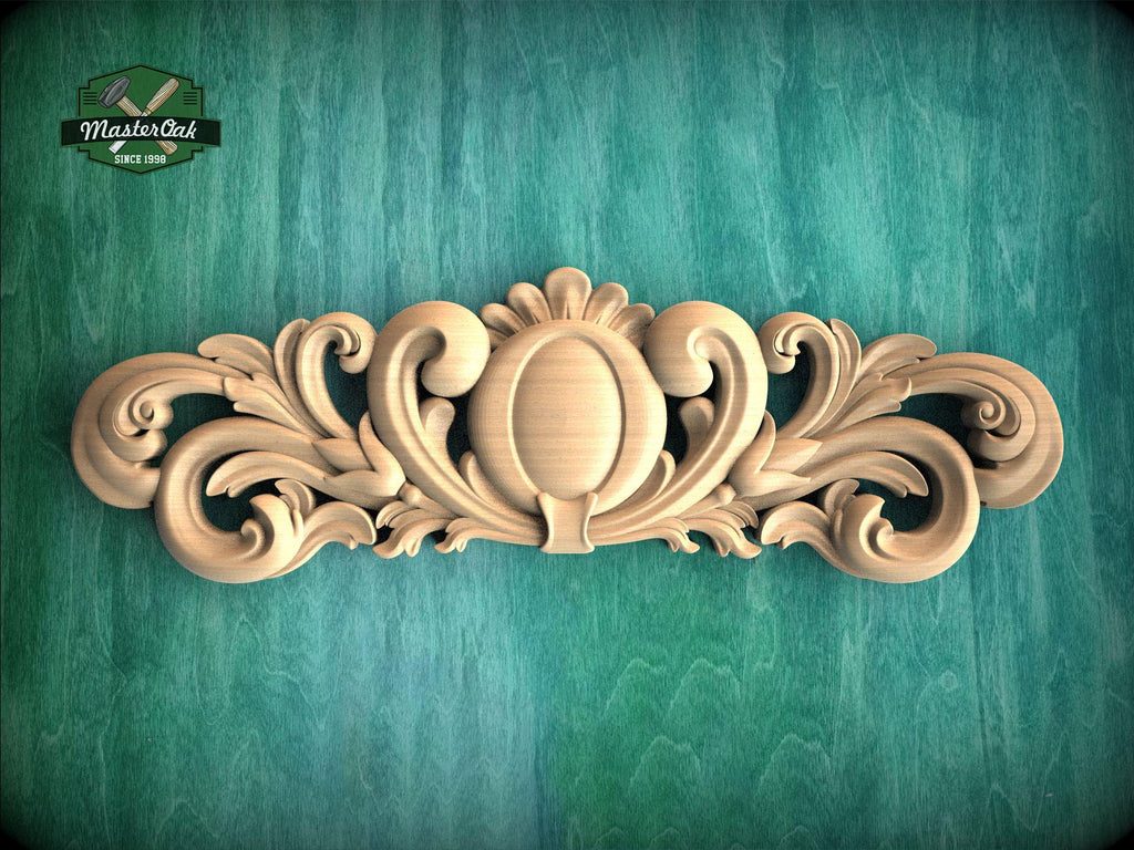 a wooden carving of a flower on a green background