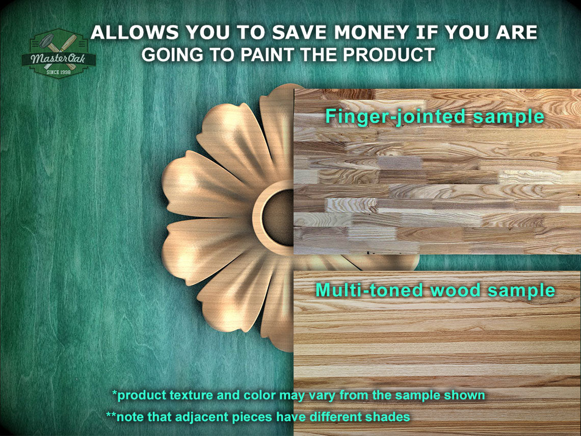 The image is a promotional advertisement for Master Oak paint, featuring a close-up of a wooden surface with a gold-colored flower-shaped design. The text on the image provides information about the paint, including the "allows you to save money if you are going to paint the product" and "finger-joined sample" details. The image also includes a "Multi-toned wood sample" and a note that adjacent pieces have different shades.