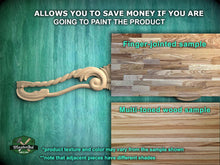 Load image into Gallery viewer, The image is a promotional advertisement for a product, specifically a multi-toned wood sample. It features a close-up of the product, a finger-jointed sample, and a multi-toned wood sample. The text on the image provides information about the product, including that it allows you to save money if you are going to paint the product, and that the product texture and color may vary from the sample shown. The image also mentions that adjacent pieces have different shades.
