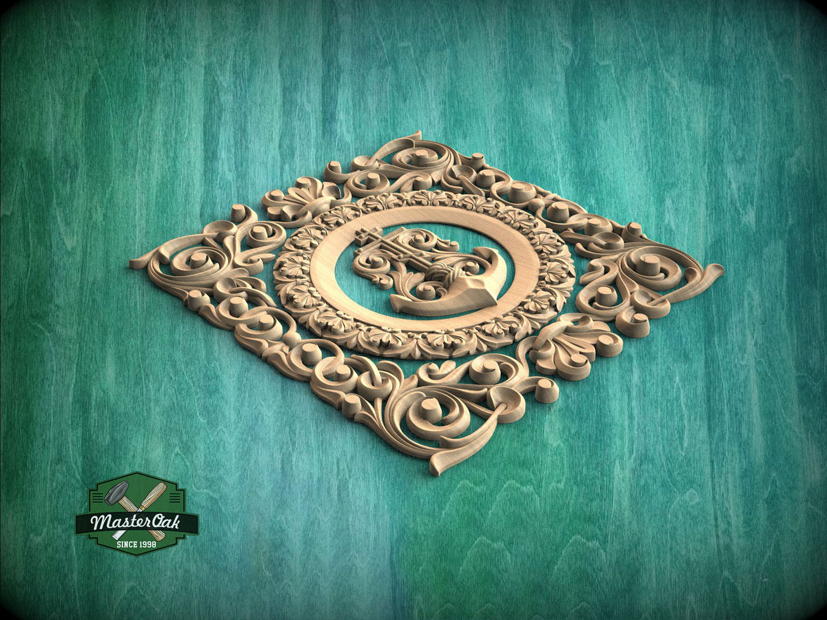 a decorative wooden carving of a musical instrument, surrounded by intricate floral patterns, set against a teal-colored background.