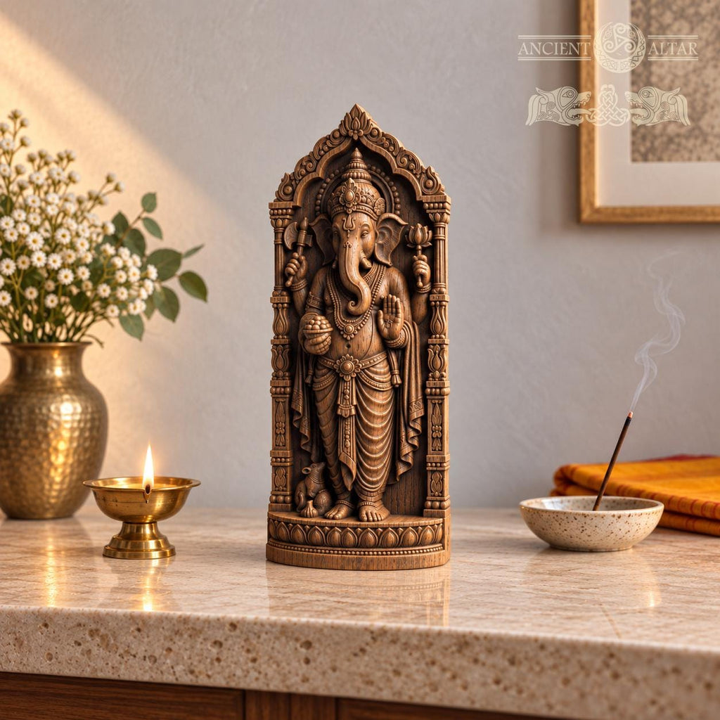 Wooden Ganesha Statue, Hindu Elephant God Figurine, Ganesh Altar Decor, Indian Deity Sculpture, Spiritual Yoga Gift