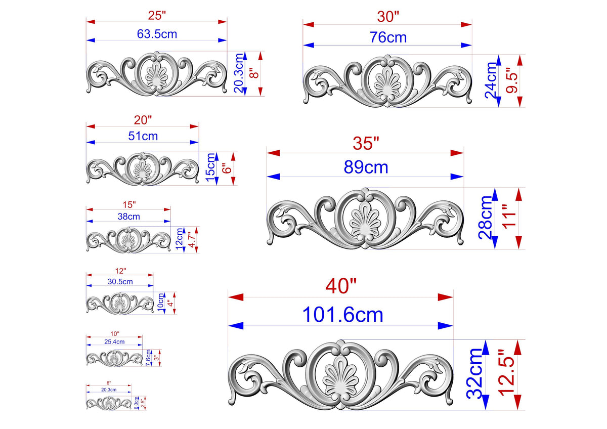 a series of metal designs or patterns, each with its own size and scale. The designs are depicted in various sizes, ranging from small to large, and are accompanied by their respective measurements in centimeters. The image is a collection of different designs, each with its own unique style and scale, showcasing the diversity and versatility of the metalwork.