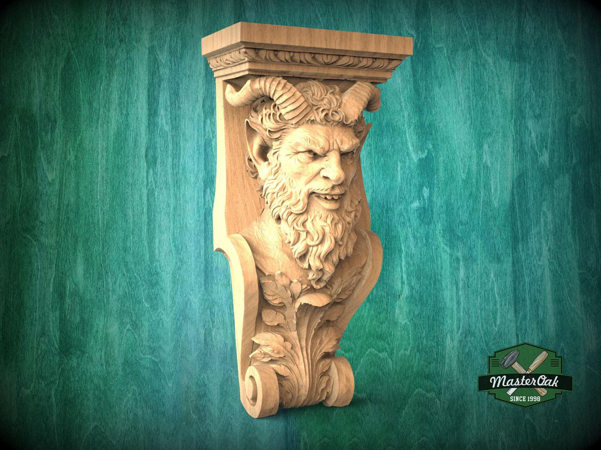A carved wooden sculpture of a bearded, horned figure with an intense expression, mounted on a wooden bracket against a green background.