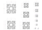 various sizes of ornate, decorative patterns or designs, including square and circular shapes, as well as smaller, intricate details. The patterns are rendered in a white color, and the image is described in terms of dimensions and scale, providing a clear representation of the size differences between the different designs.