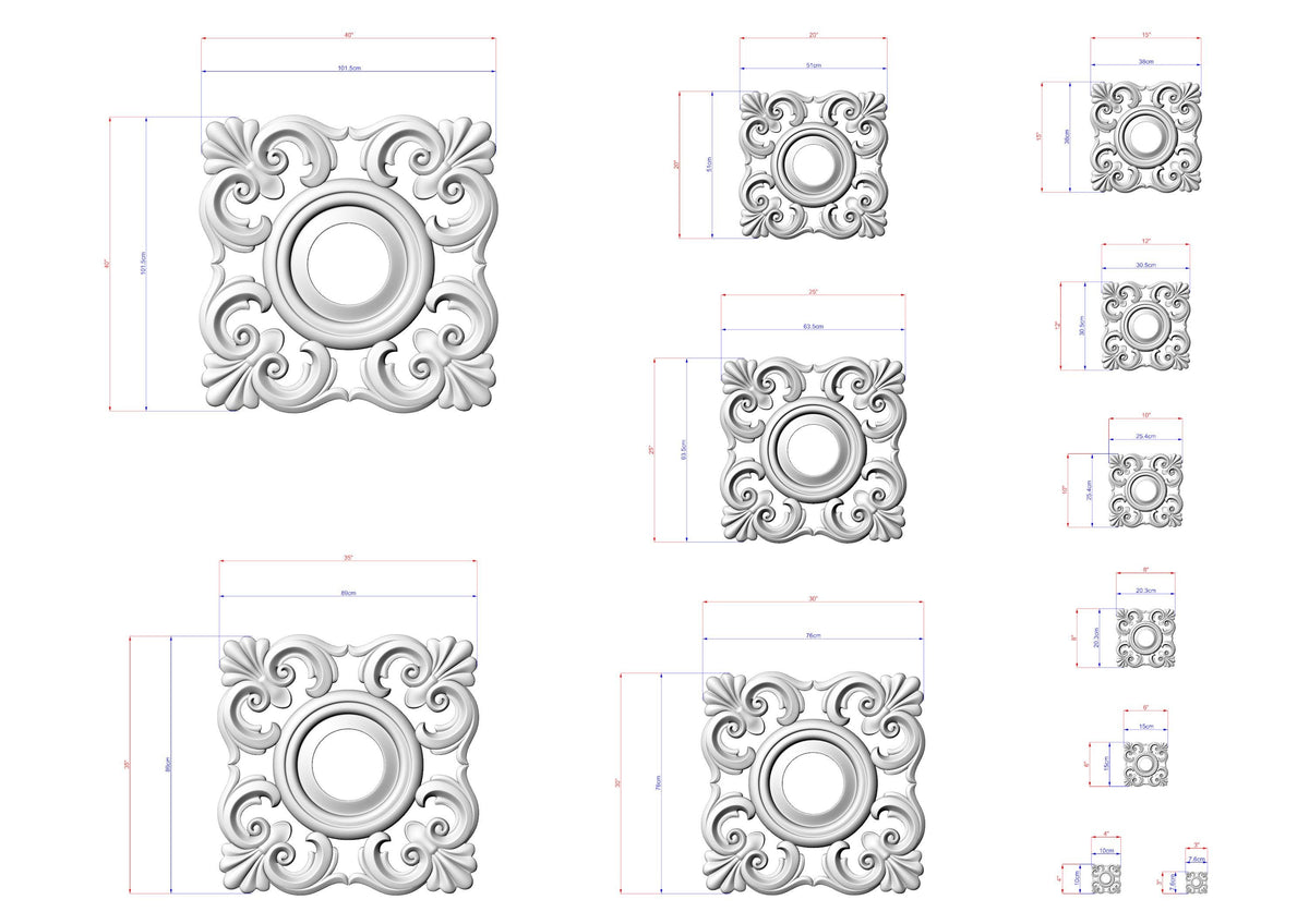 various sizes of ornate, decorative patterns or designs, including square and circular shapes, as well as smaller, intricate details. The patterns are rendered in a white color, and the image is described in terms of dimensions and scale, providing a clear representation of the size differences between the different designs.