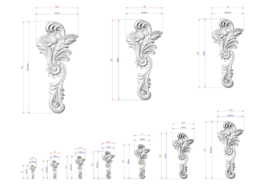 several white sculptures with intricate designs, each accompanied by its own set of measurements. The sculptures vary in size, ranging from small to large, and are arranged in a grid-like pattern. The image does not contain any text or additional objects, and the relative positions of the sculptures to each other are consistent throughout the image.