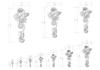 several white sculptures with intricate designs, each accompanied by its own set of measurements. The sculptures vary in size, ranging from small to large, and are arranged in a grid-like pattern. The image does not contain any text or additional objects, and the relative positions of the sculptures to each other are consistent throughout the image.