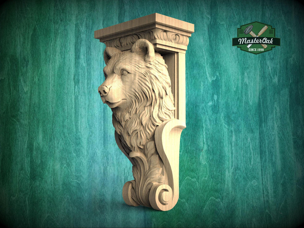 A carved wooden bear head is displayed against a green background, with a logo for Master Oak visible in the top right corner.