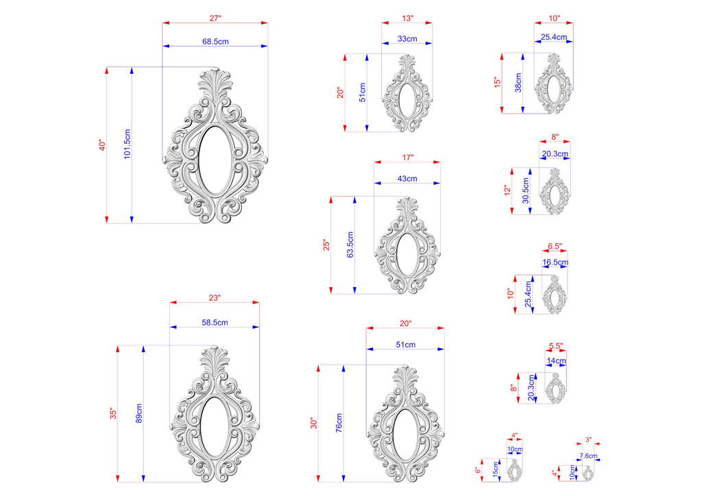 various sizes of ornate, decorative mirrors or frames, each with its own unique design and measurements. The mirrors are depicted in different sizes, ranging from small to large, and are shown in a grid format with corresponding dimensions provided. The image does not contain any redundancy or vague descriptions, and the focus is on the individual mirrors and their sizes.
