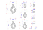 various sizes of ornate, decorative mirrors or frames, each with its own unique design and measurements. The mirrors are depicted in different sizes, ranging from small to large, and are shown in a grid format with corresponding dimensions provided. The image does not contain any redundancy or vague descriptions, and the focus is on the individual mirrors and their sizes.