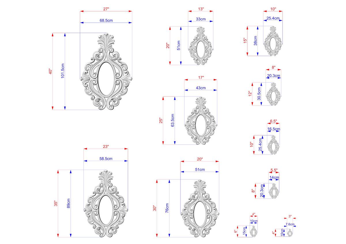various sizes of ornate, decorative mirrors or frames, each with its own unique design and measurements. The mirrors are depicted in different sizes, ranging from small to large, and are shown in a grid format with corresponding dimensions provided. The image does not contain any redundancy or vague descriptions, and the focus is on the individual mirrors and their sizes.
