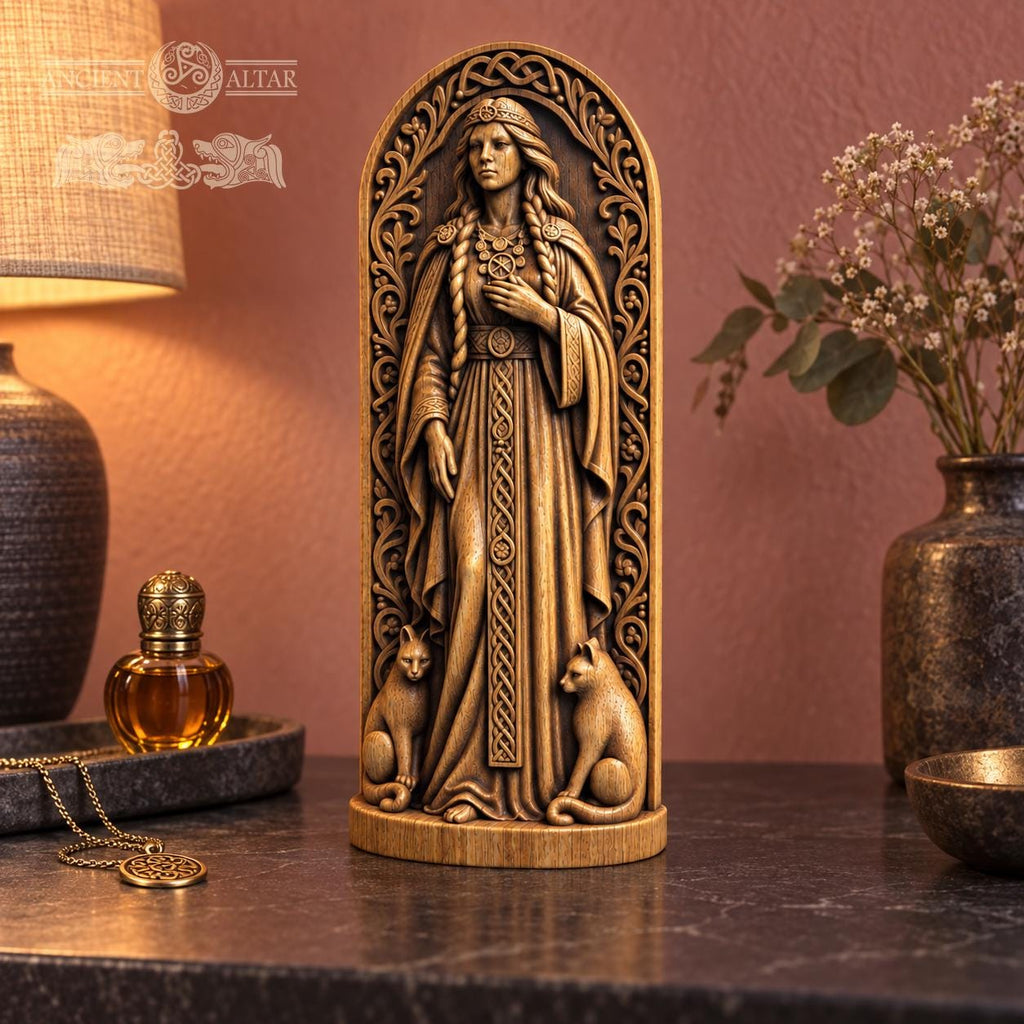 Freyja Statue with Cats, Wooden Norse Goddess Figurine, Viking Pagan Altar Decor, Freya Sculpture, Scandinavian Mythology Gift