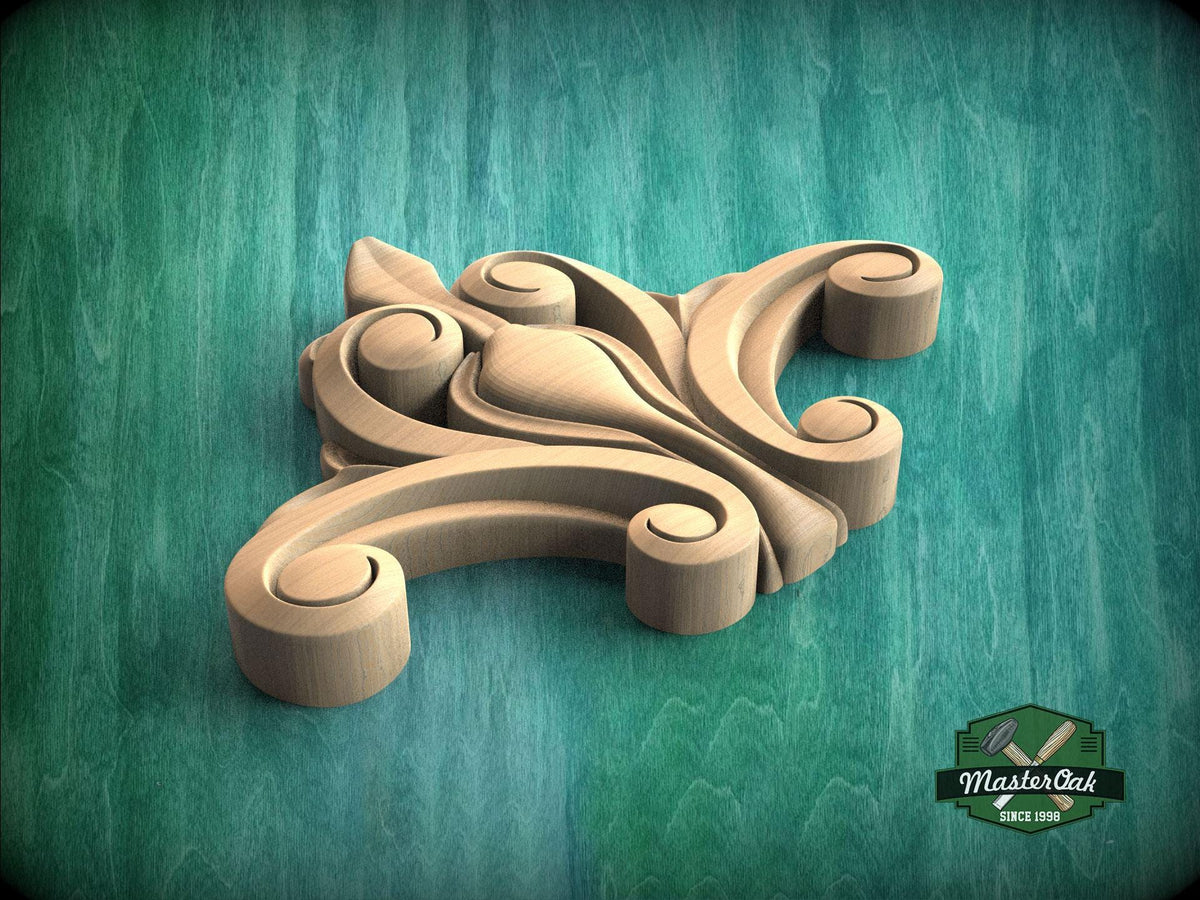 A wooden carving with an intricate, swirling design is displayed against a green background.