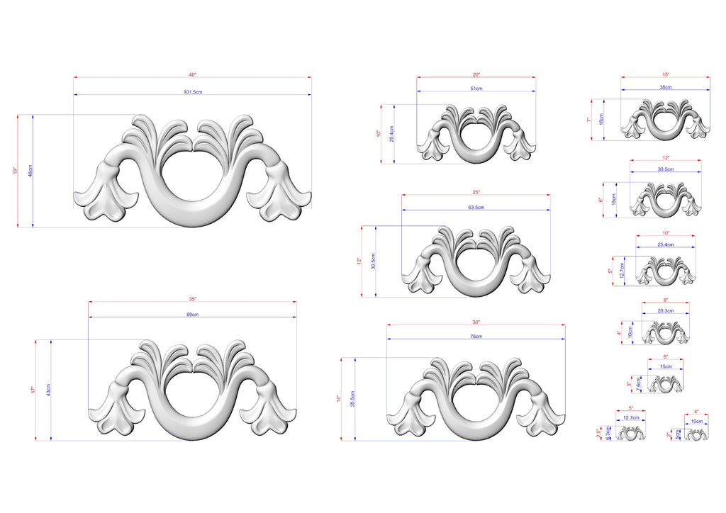 a collection of various sizes of decorative elements, including a stylized flower or ornament, which are depicted in a 3D model. The image is a technical drawing or diagram that provides measurements and details about the different sizes of the decorative elements.