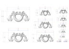 a collection of various sizes of decorative elements, including a stylized flower or ornament, which are depicted in a 3D model. The image is a technical drawing or diagram that provides measurements and details about the different sizes of the decorative elements.
