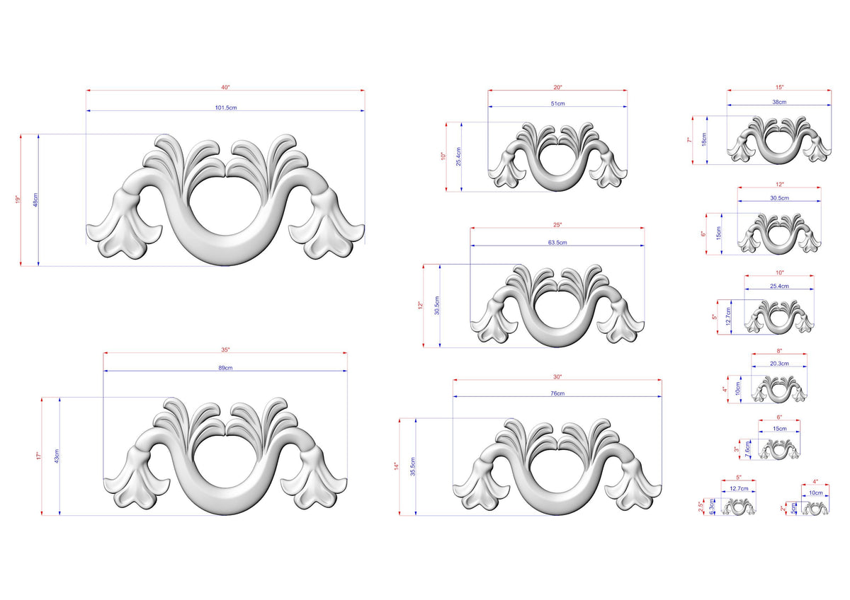 a collection of various sizes of decorative elements, including a stylized flower or ornament, which are depicted in a 3D model. The image is a technical drawing or diagram that provides measurements and details about the different sizes of the decorative elements.