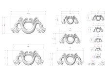 Load image into Gallery viewer, a collection of various sizes of decorative elements, including a stylized flower or ornament, which are depicted in a 3D model. The image is a technical drawing or diagram that provides measurements and details about the different sizes of the decorative elements.
