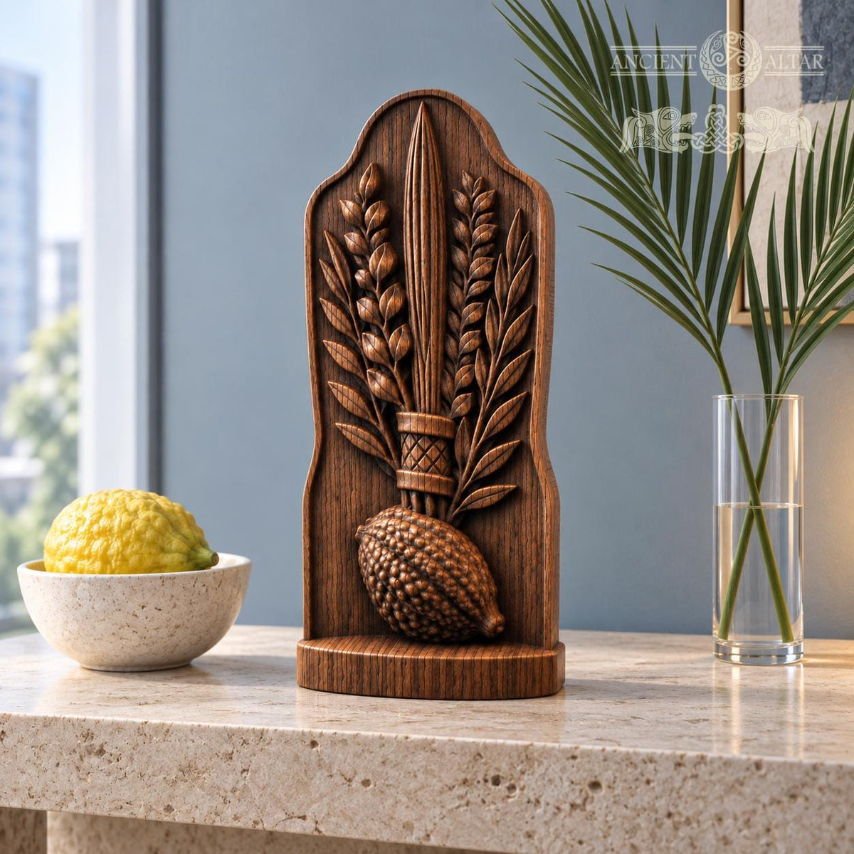 Lulav and Etrog Oak Wood Sculpture, Four Species Botanical Relief, Sukkot Decor, Judaica Art, Jewish Holiday Gift