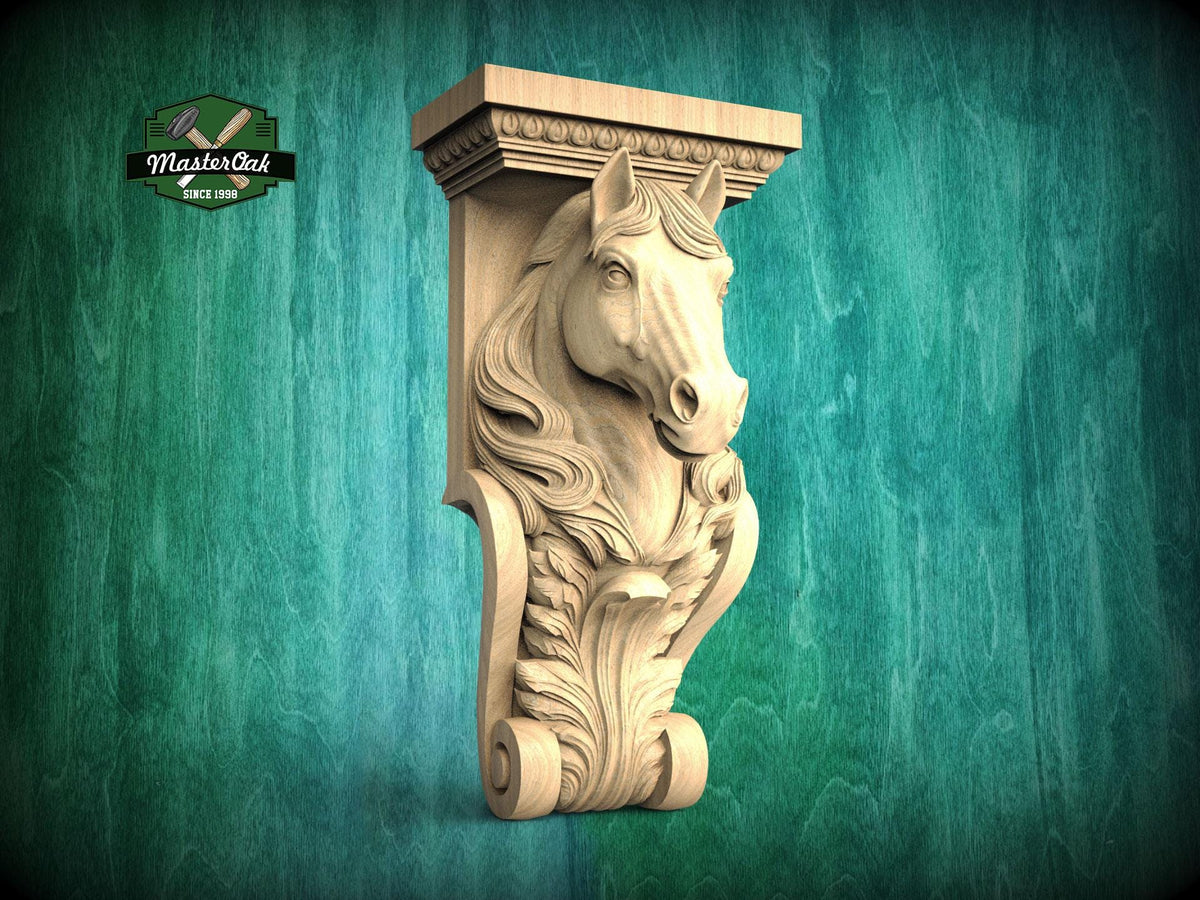 A carved wooden horse head mounted on a green wooden wall.