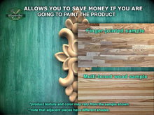Load image into Gallery viewer, The image is a promotional advertisement for Master Oak Paint, showcasing two different types of wood samples. The left side displays a finger-jointed sample, while the right side shows a multi-toned wood sample. The text on the image provides information about the product, including that it allows you to save money if you are going to paint the product, and that the product texture and color may vary from the sample shown.
