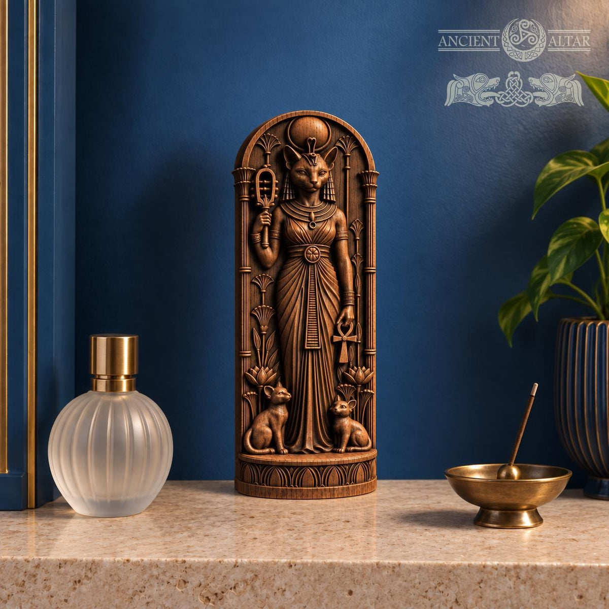 Bastet Statue with Kittens, Egyptian Cat Goddess Figurine, Wooden Altar Decor, Ancient Egypt Deity Sculpture, Pagan Gift