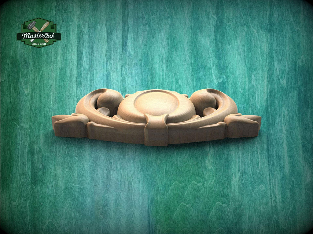 A wooden carving or sculpture is displayed against a green textured background.