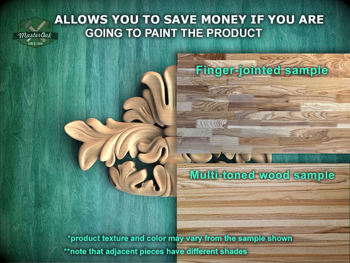 The image is a promotional advertisement for Master Oak Paint, showcasing a sample of their multi-toned wood paint. The sample displays a finger-joined and multi-toned wood sample, highlighting the differences in texture and color between the two. The text emphasizes that the product texture and color may vary from the sample shown, and notes that adjacent pieces have different shades.