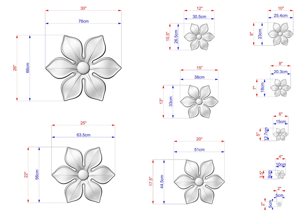 a collection of flower designs, each with its own size and dimensions. The flowers are depicted in various sizes, ranging from small to large, and are shown in different stages of completion. The image provides a clear visual representation of the flower designs, allowing for easy comparison and understanding of their sizes and shapes.