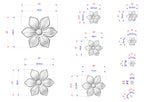 a collection of flower designs, each with its own size and dimensions. The flowers are depicted in various sizes, ranging from small to large, and are shown in different stages of completion. The image provides a clear visual representation of the flower designs, allowing for easy comparison and understanding of their sizes and shapes.