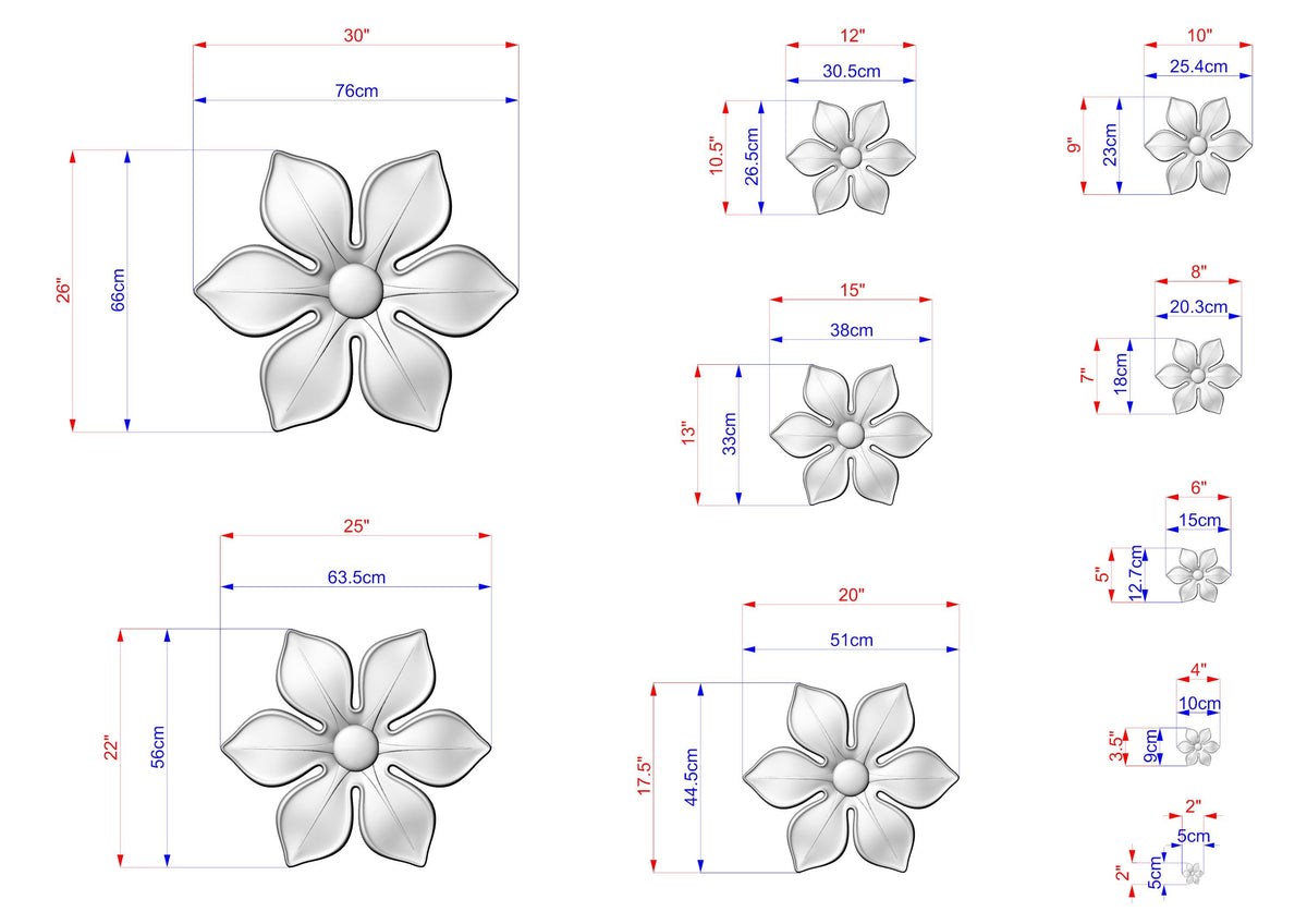 a collection of flower designs, each with its own size and dimensions. The flowers are depicted in various sizes, ranging from small to large, and are shown in different stages of completion. The image provides a clear visual representation of the flower designs, allowing for easy comparison and understanding of their sizes and shapes.
