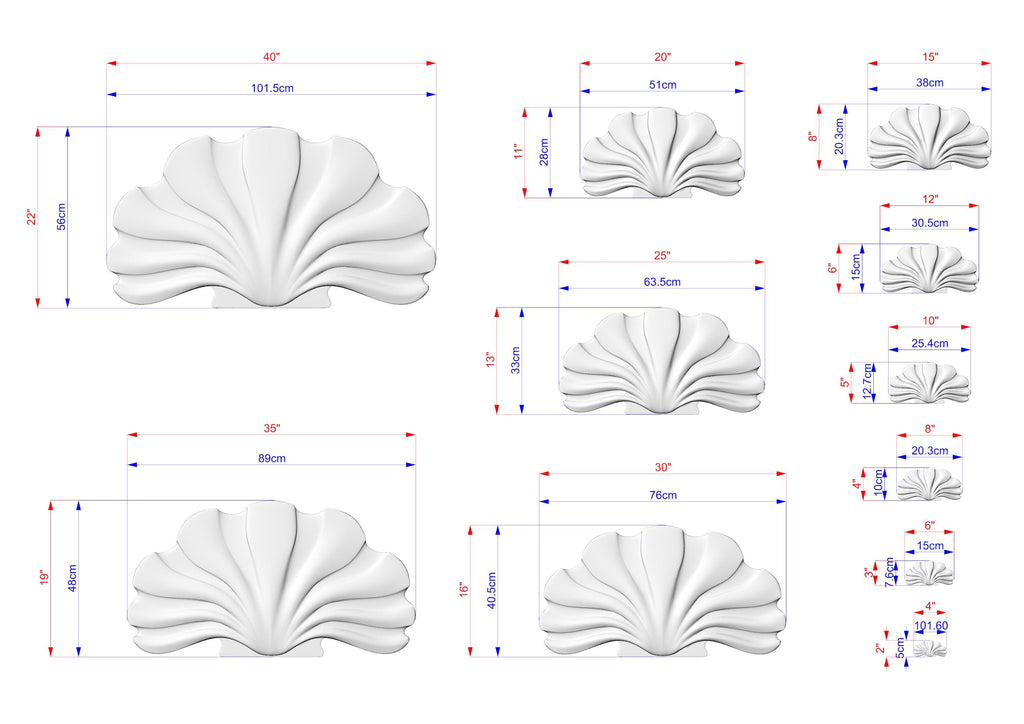 various sizes of white, wavy-shaped objects, likely representing a design or pattern. The objects are labeled with their respective dimensions, providing a visual representation of the size variations.