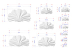 various sizes of white, wavy-shaped objects, likely representing a design or pattern. The objects are labeled with their respective dimensions, providing a visual representation of the size variations.