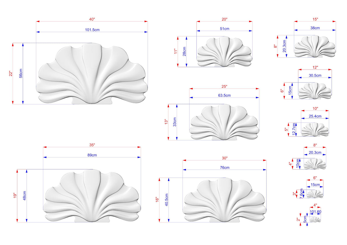 various sizes of white, wavy-shaped objects, likely representing a design or pattern. The objects are labeled with their respective dimensions, providing a visual representation of the size variations.