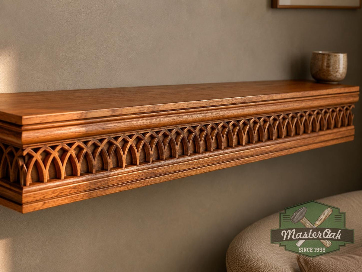 Carved Solid Oak Wall Shelf with Gothic Arch Pattern, Floating Display Shelf, Medieval and Dark Academia Home Decor