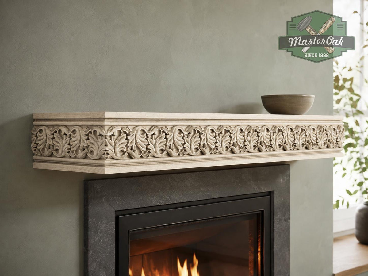 Carved Solid Oak Fireplace Mantel Shelf with Acanthus Leaves, Ornate Floating Wall Shelf, Classical Wood Home Decor