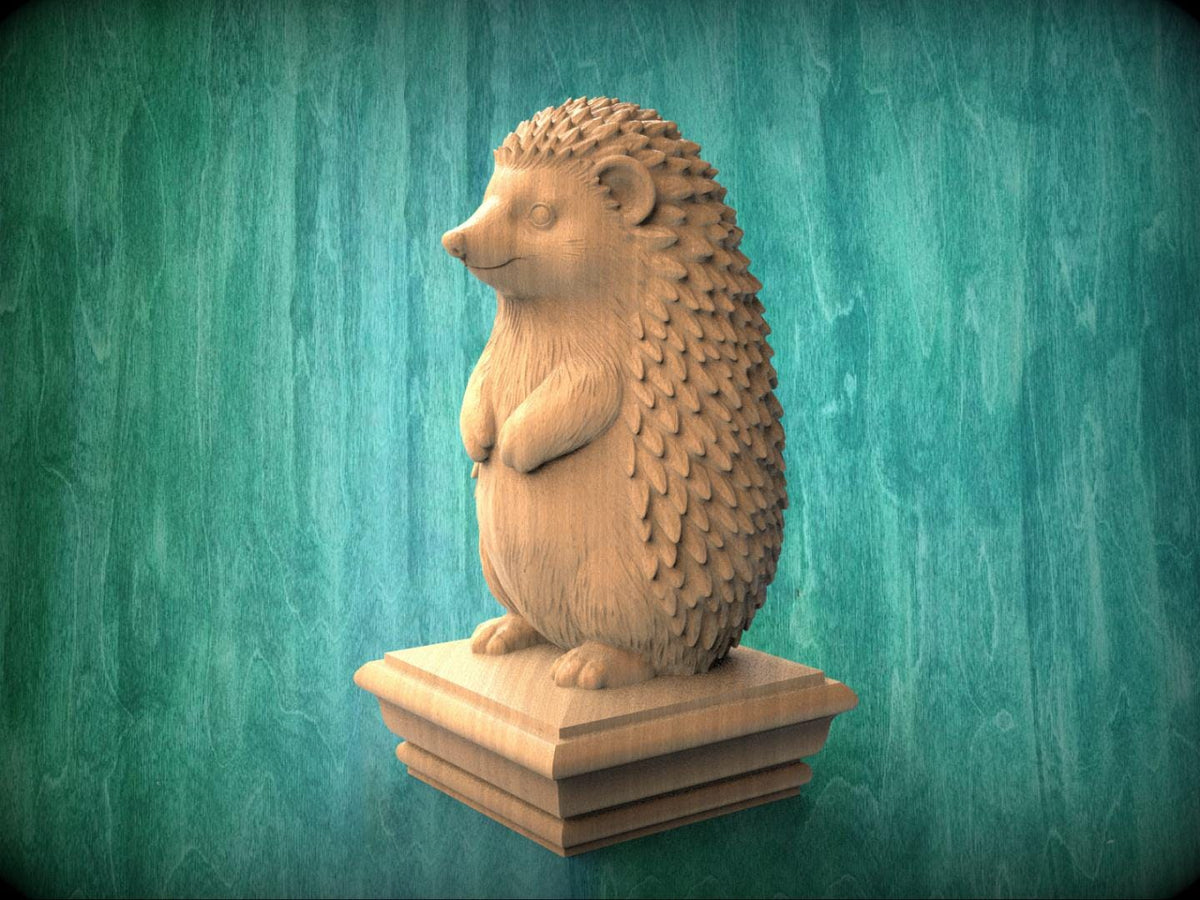 A wooden sculpture of a hedgehog standing on a pedestal against a green background.
