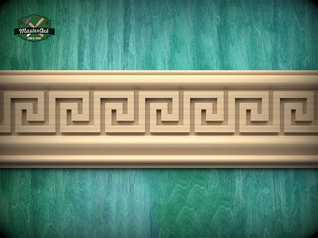 a decorative wooden border with a repeating Greek key pattern, set against a green textured background.