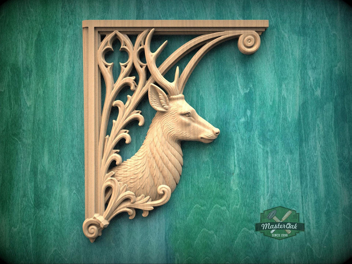 Carved Wood Deer Corner Onlays, Mirrored Pair with Antlers and Gothic Scrollwork