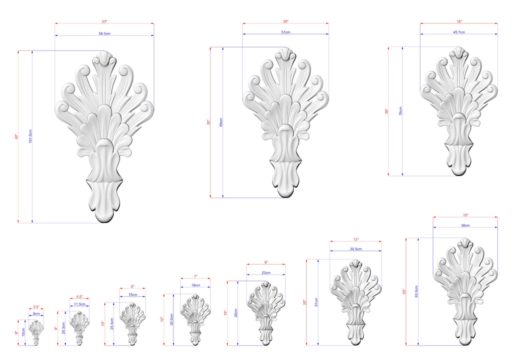 a series of white, decorative sculptures with intricate designs, each accompanied by its own set of measurements. The sculptures vary in size, ranging from small to large, and are arranged in a grid-like pattern. The image does not contain any text, and the descriptions provided are concise and avoid redundancy.