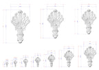 a series of white, decorative sculptures with intricate designs, each accompanied by its own set of measurements. The sculptures vary in size, ranging from small to large, and are arranged in a grid-like pattern. The image does not contain any text, and the descriptions provided are concise and avoid redundancy.