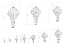 Load image into Gallery viewer, a series of white, decorative sculptures with intricate designs, each accompanied by its own set of measurements. The sculptures vary in size, ranging from small to large, and are arranged in a grid-like pattern. The image does not contain any text, and the descriptions provided are concise and avoid redundancy.
