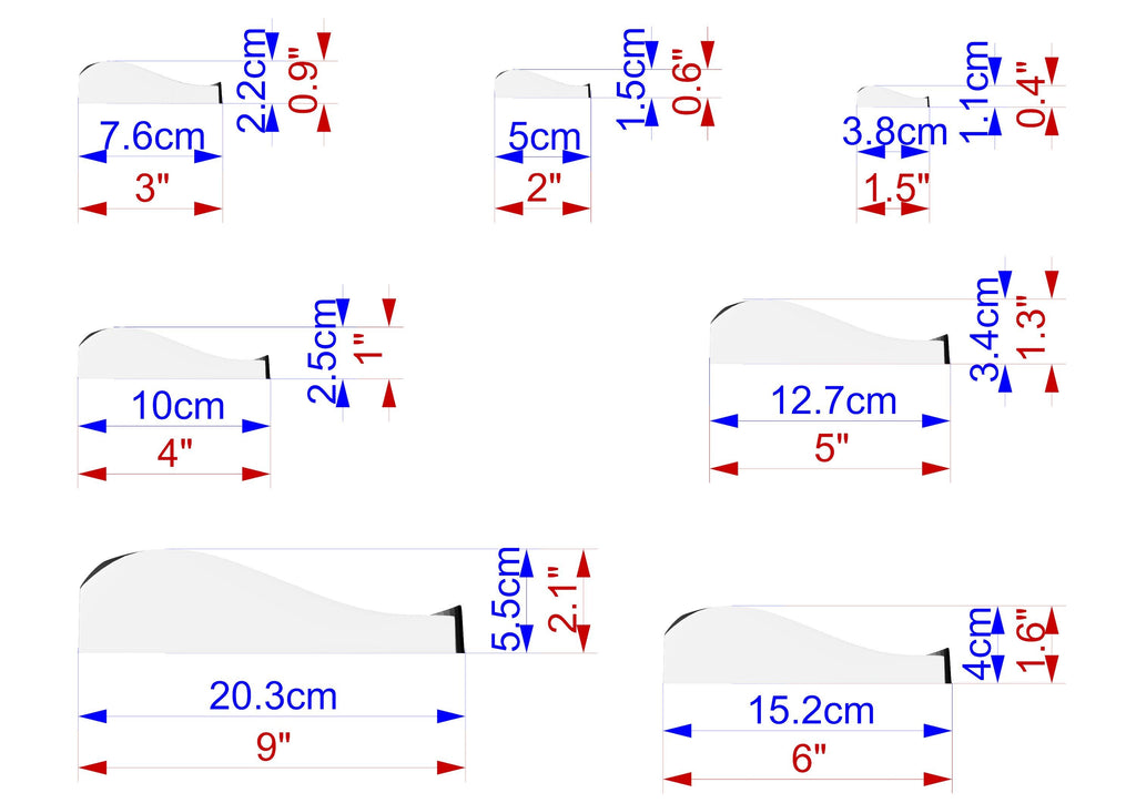 a series of diagrams or illustrations, each depicting a different object or shape with its corresponding dimensions. The diagrams are arranged in a grid format, with each object labeled with its size in centimeters. The objects include various shapes such as a circle, a rectangle, and a triangle, as well as a wave-like shape. The diagrams provide a visual representation of the object's dimensions, allowing for a clear understanding of the size and proportions of each object.