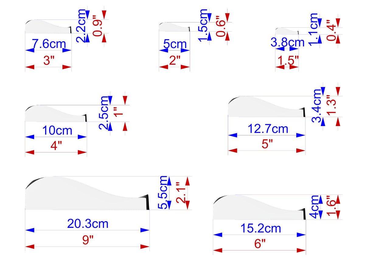a series of diagrams or illustrations, each depicting a different object or shape with its corresponding dimensions. The diagrams are arranged in a grid format, with each object labeled with its size in centimeters. The objects include various shapes such as a circle, a rectangle, and a triangle, as well as a wave-like shape. The diagrams provide a visual representation of the object's dimensions, allowing for a clear understanding of the size and proportions of each object.