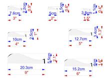 Load image into Gallery viewer, a series of diagrams or illustrations, each depicting a different object or shape with its corresponding dimensions. The diagrams are arranged in a grid format, with each object labeled with its size in centimeters. The objects include various shapes such as a circle, a rectangle, and a triangle, as well as a wave-like shape. The diagrams provide a visual representation of the object's dimensions, allowing for a clear understanding of the size and proportions of each object.
